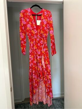 Vici Long Sleeve Floral Wrap Maxi Dress in Red, Pink & Orange